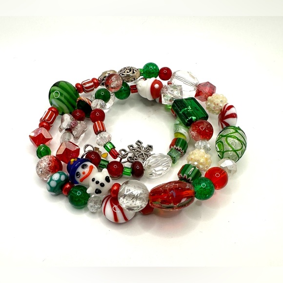 Christmas Beaded Bracelet Wrap Coil Memory Wire Lamp Work Glass Beads Handmade - Picture 3 of 11